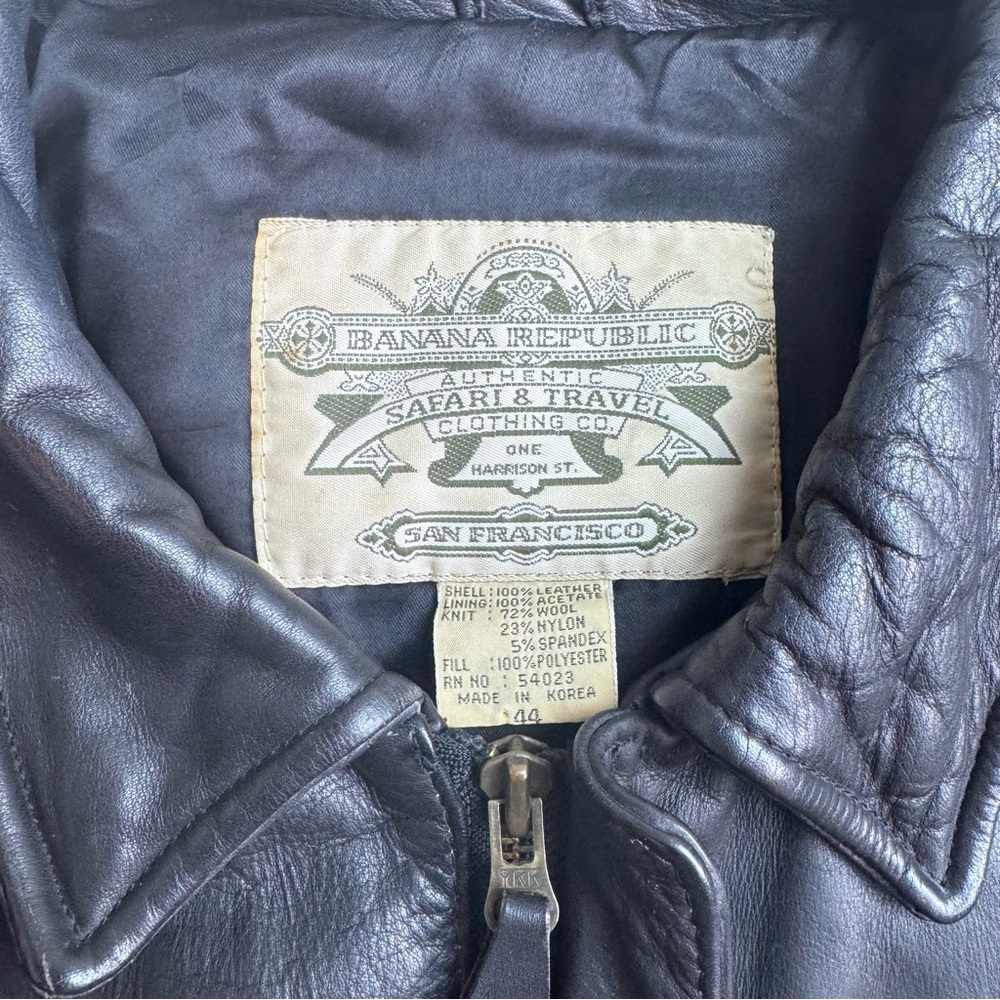 Vintage BANANA REPUBLIC SAFARI & TRAVEL Thick Leather Bomber Jacket Black Sz 44 - Picture 2 of 13